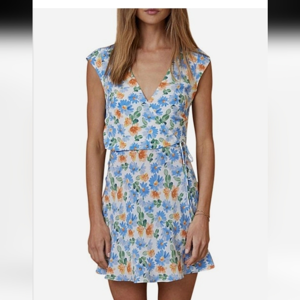 Bec + BridgeLa Jolie Short Sleeve Blue Print Wrap Mini Dress